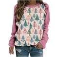thumbnail image 2 of pimelu Christmas Sweater Clearance Womens Cute Shirts for Christmas Trendy Color Block Christams Tree Print Sweatshirt Girls Long Raglan Sleeve Round Neck Pullover Tops, 2 of 3