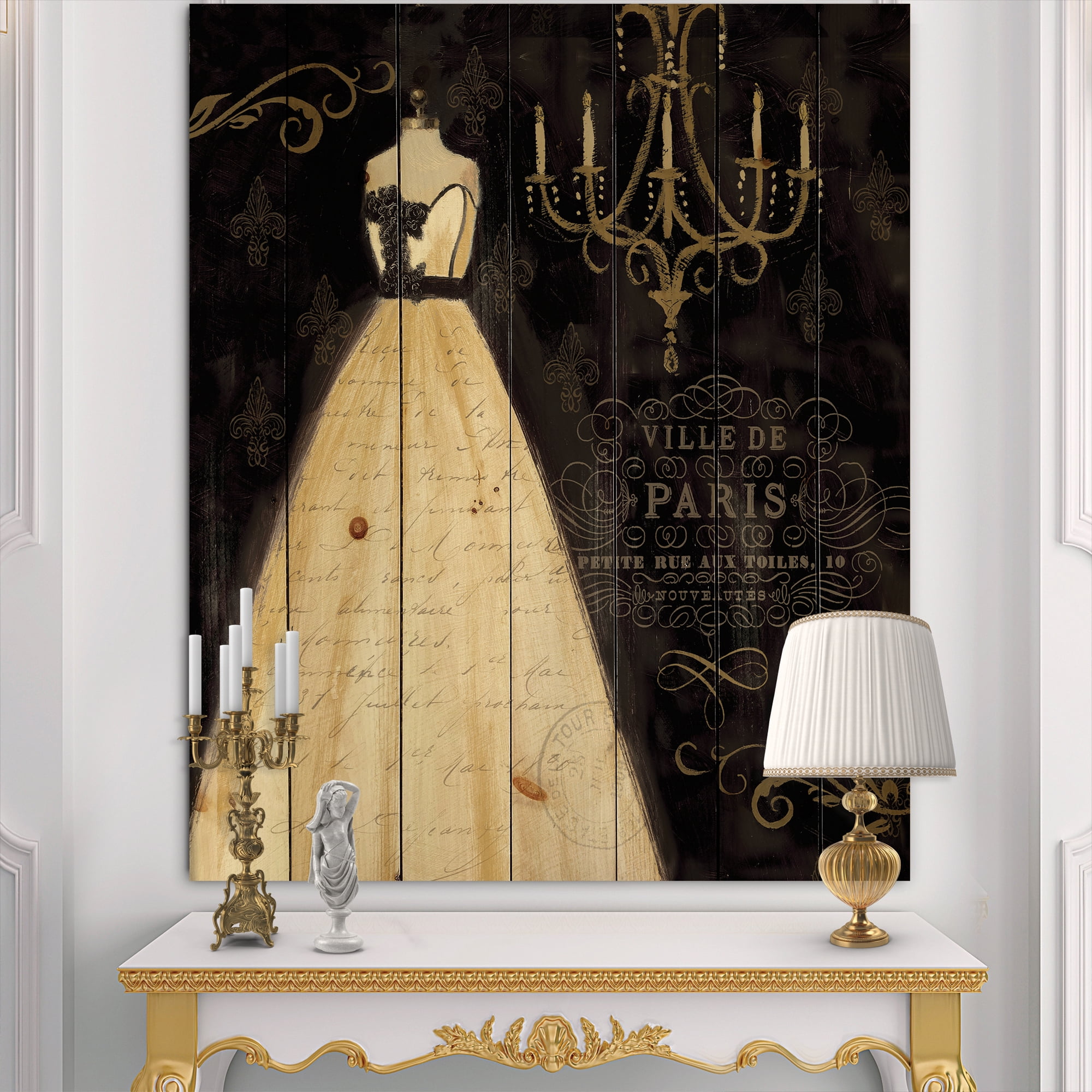 Designart 'Chandeliers French Couture III' Fashion Print on Natural Pine Wood