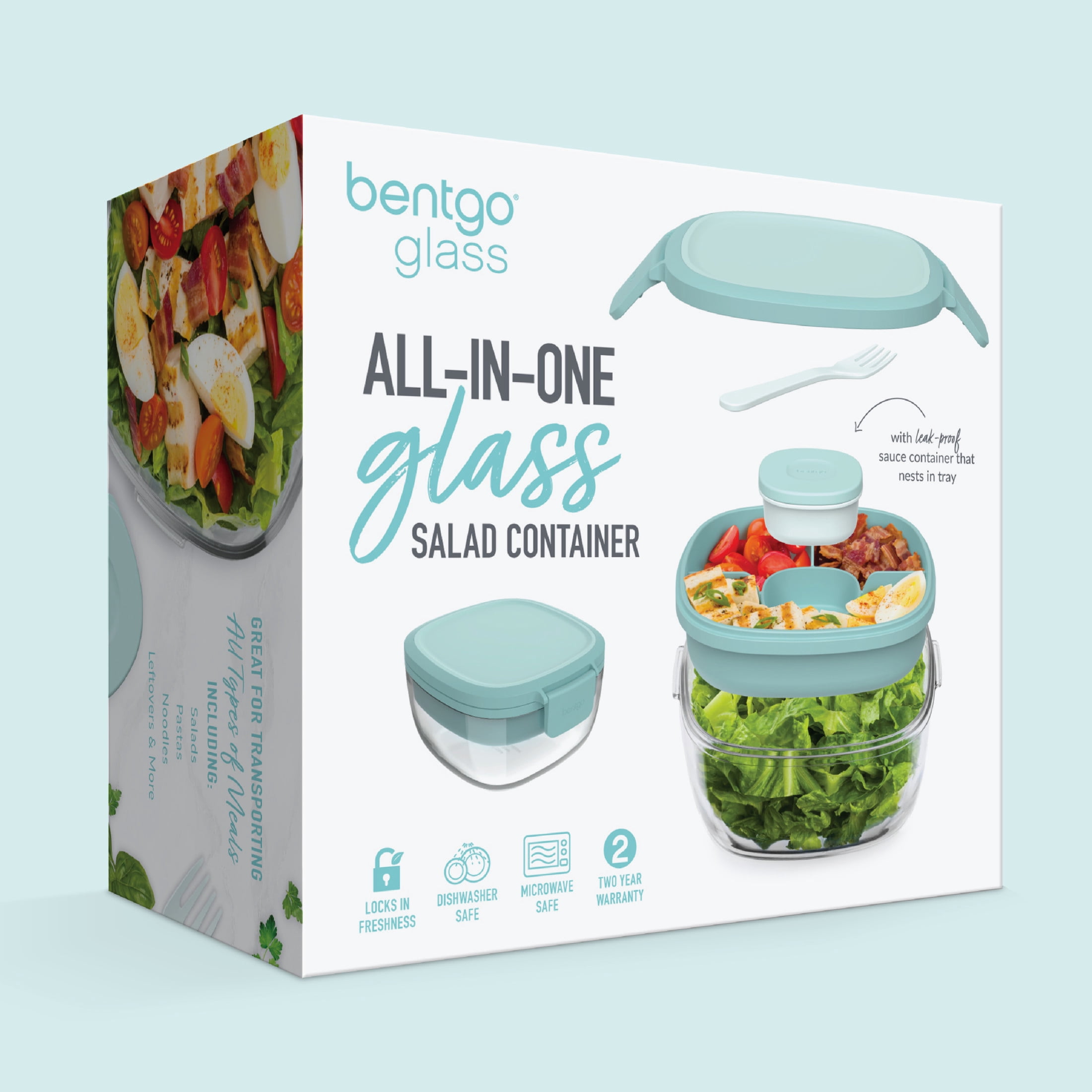 Bentgo® Glass All-in-One Salad Container - Large 61-oz Salad Bowl with Lid, 4-Compartment Bento-Style Tray, Sauce Container & Reusable Fork - Dishwasher, Microwave, and Oven Safe - Coastal Seaglass