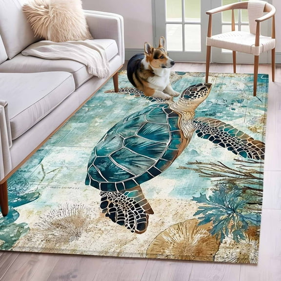 Teal Coastal Turtle Area Rug 3x5 Washable Rug Non Slip Vintage Watercolor Marine Life Large Area Rug Indoor Floor Carpet for Entryway Bedroom Kitchen Living Room Home Office Dining Room Nursery