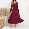 thumbnail image 5 of Riforla Women Casual Solid Maxi Dress V Neck Large Swing Dress Belt Long Sleeve Long Wedding Party Dresses Red XXL, 5 of 6