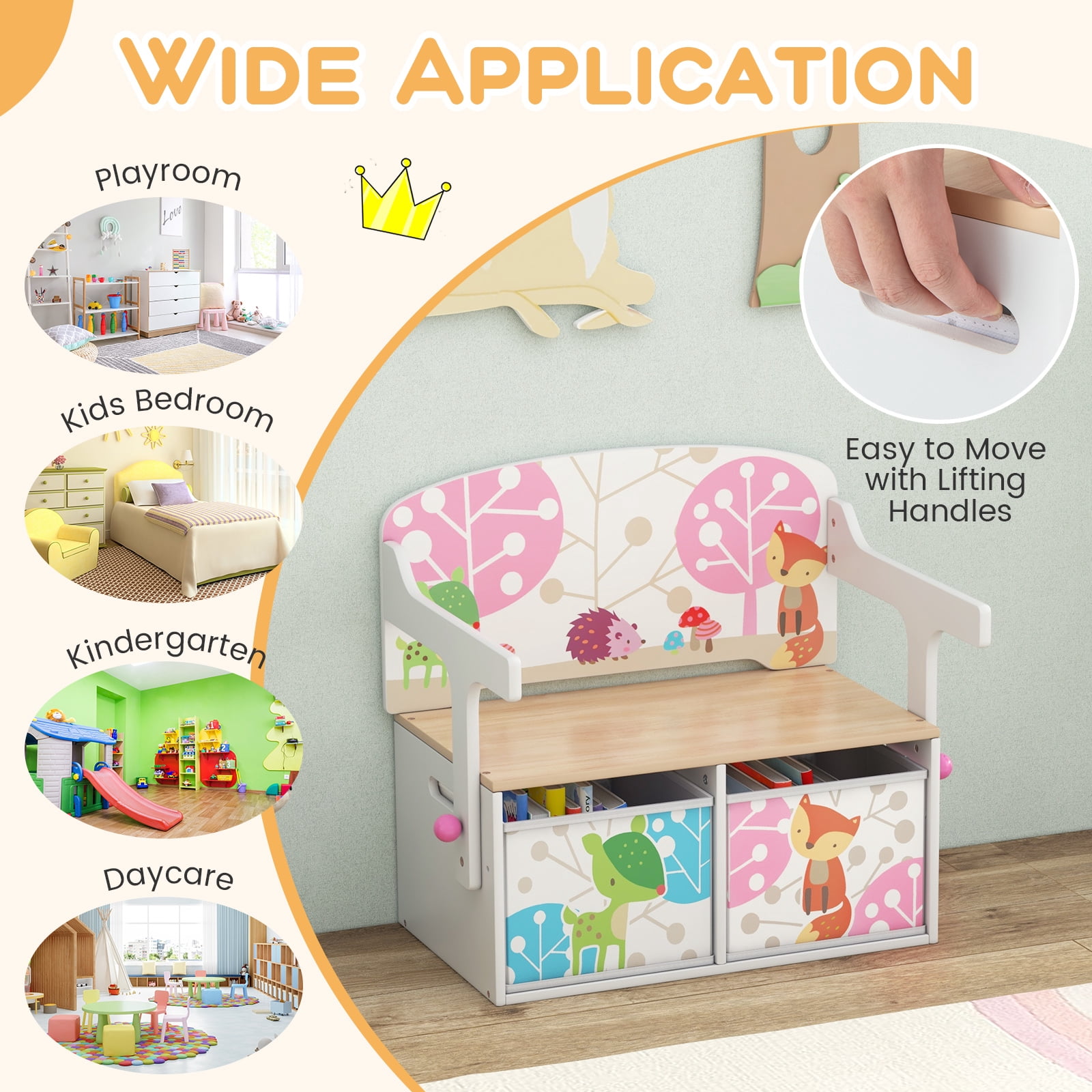 Infans 3 in 1 Kids Convertible Activity Bench Children Table & Chair Set w/ 2 Bins