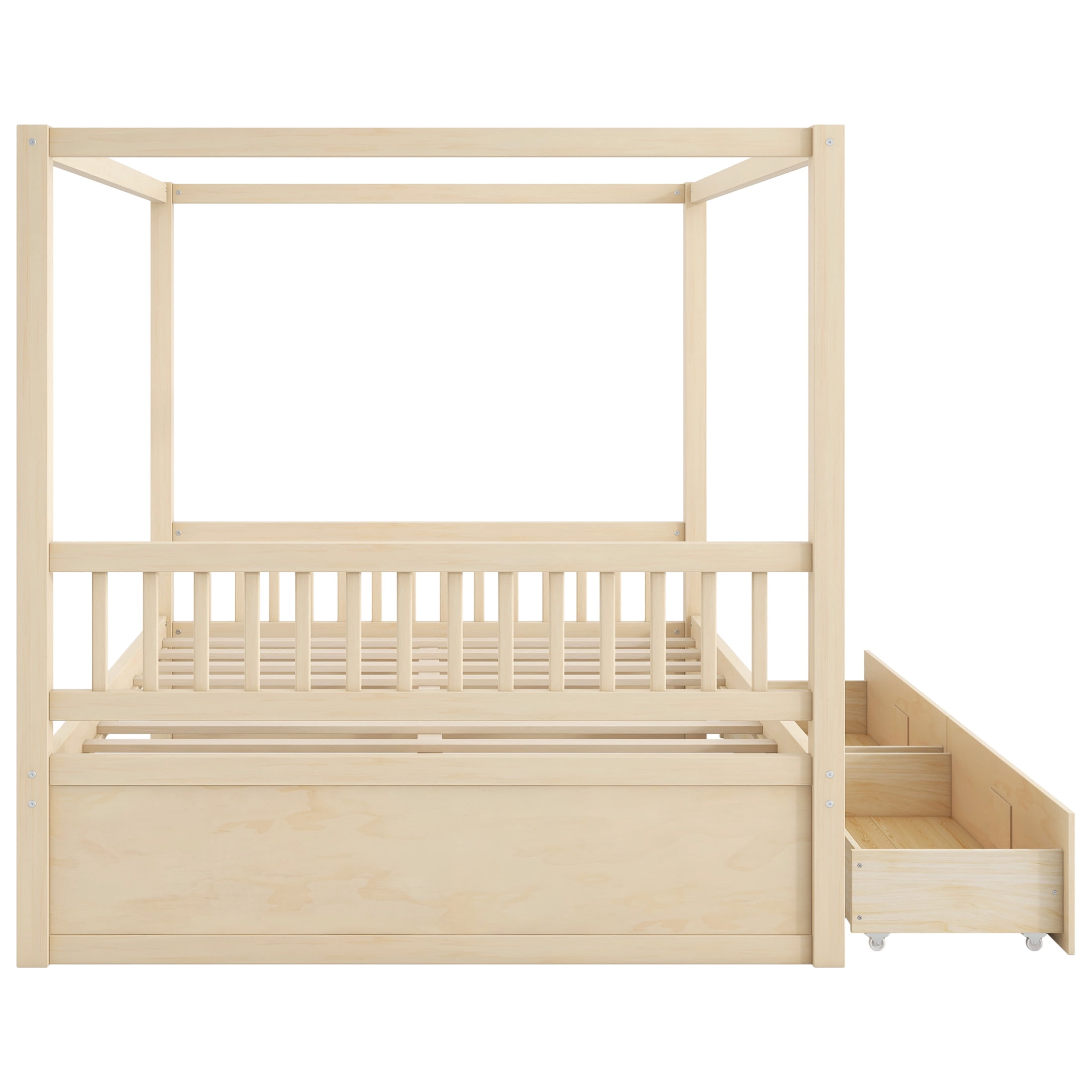 Noble House Stefan Queen Size Wooden Canopy Bed Frame with Storage Drawers, Farmhouse Decor Style, Natural