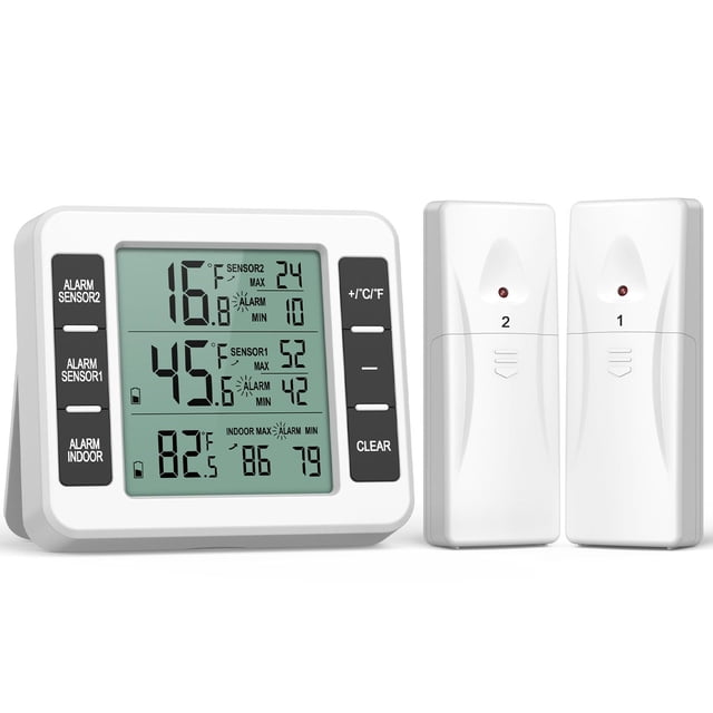Refrigerator Thermometer, Wireless Indoor Outdoor Freezer Thermometer, Sensor Temperature Monitor with Audible Alarm Temperature Gauge for Kitchen, Freezer, Home