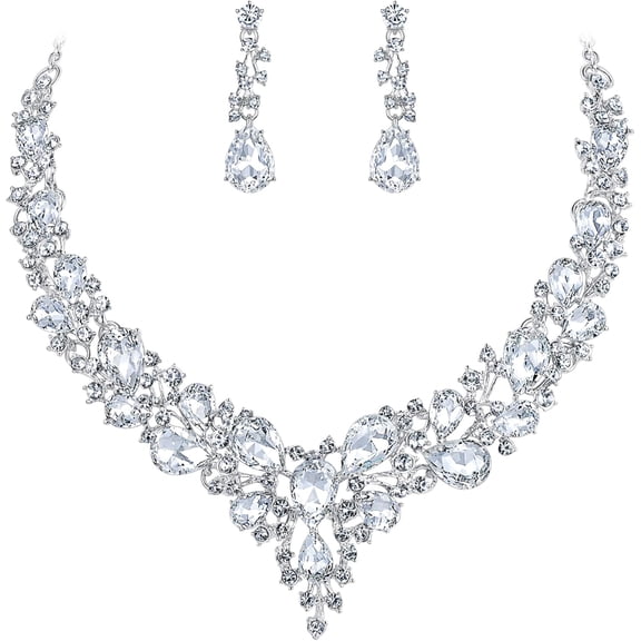 Women'S Wedding Bridal Austrian Crystal Teardrop Cluster Statement Necklace Dangle Earrings Jewelry Set[Z216]