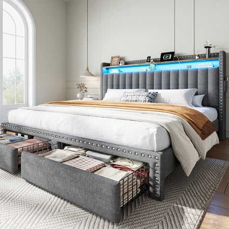 King Size Bed Frame with 2 Storage Drawers Upholstered Bed Frame with 2-Tier Storage Headboard & Charge Station & LED Light,Grey