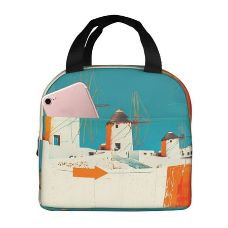 Insulated Lunch Bag for Women Men - Colorful Greek Windmills Leakproof Cooler Lunch Box for Women Men  Lunch Tote Bags for Work School Picnic Travel
