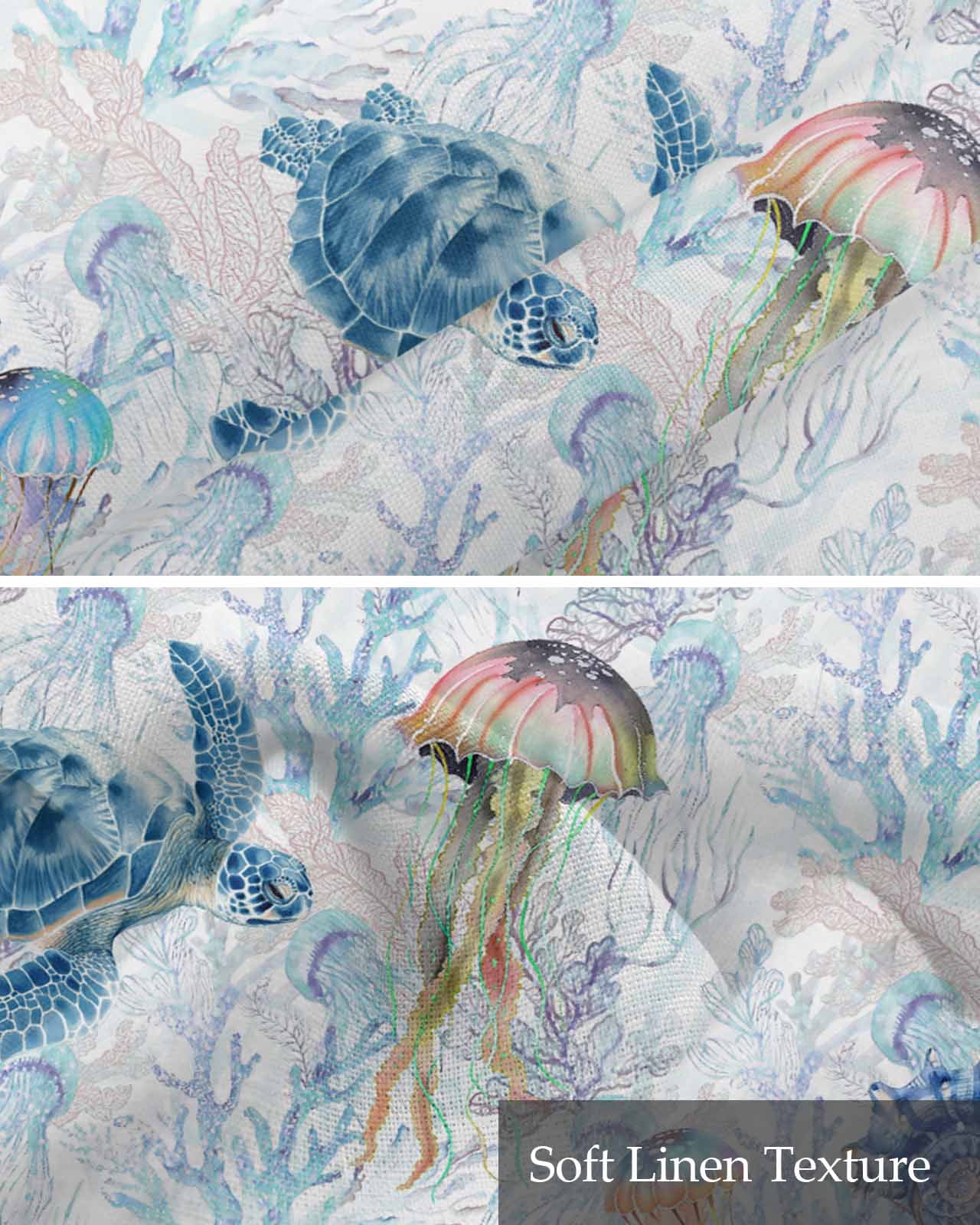 Blue Coastal Turtle Linen Curtain Valance for Bedroom/Bathroom/Kitchen/Office/Living/Dining Room Window,Coral Jellyfish Sea Horse Conch Pocket Topper Drapes Decorative Cafe Drapery Panel 54"x18"