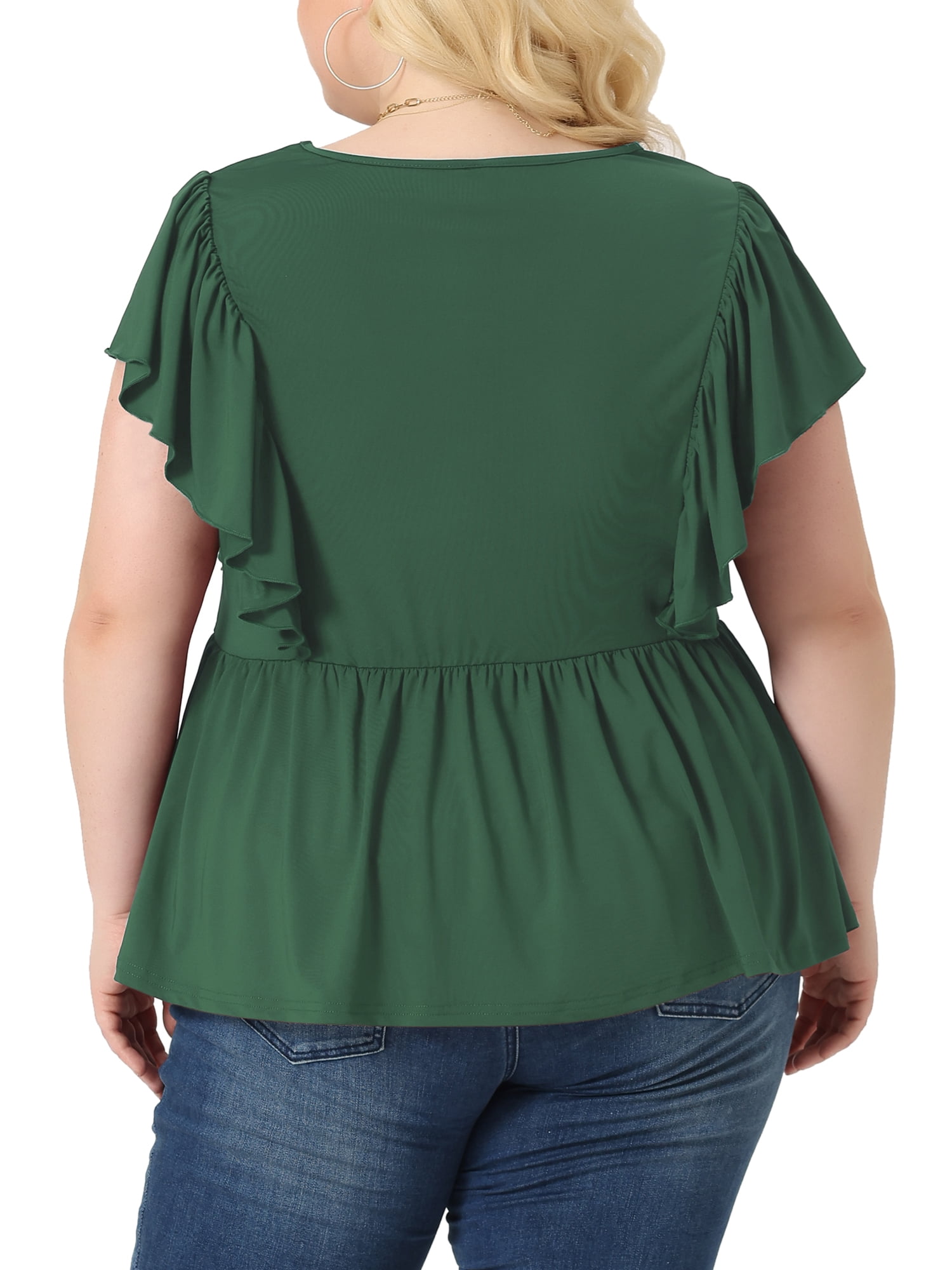 Unique Bargains Women Plus Size Tops V Neck Ruffle Sleeve Pleated Peplum Blouse Green 3X