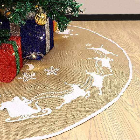 HEYTEA Christmas Tree Skirt 48-inch Diameter, Burlap Tree Skirt Christmas Decoration with Santa Flying in his Sleigh Pattern