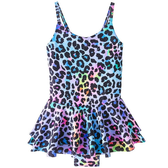 Fesfesfes Kids Girls Fashion Cute Leopard Print Bathing Suits Children's Sleeveless Bikini Ruffles Dress Romper Swimsuit 4-12 Years(Black,5-6 Years)