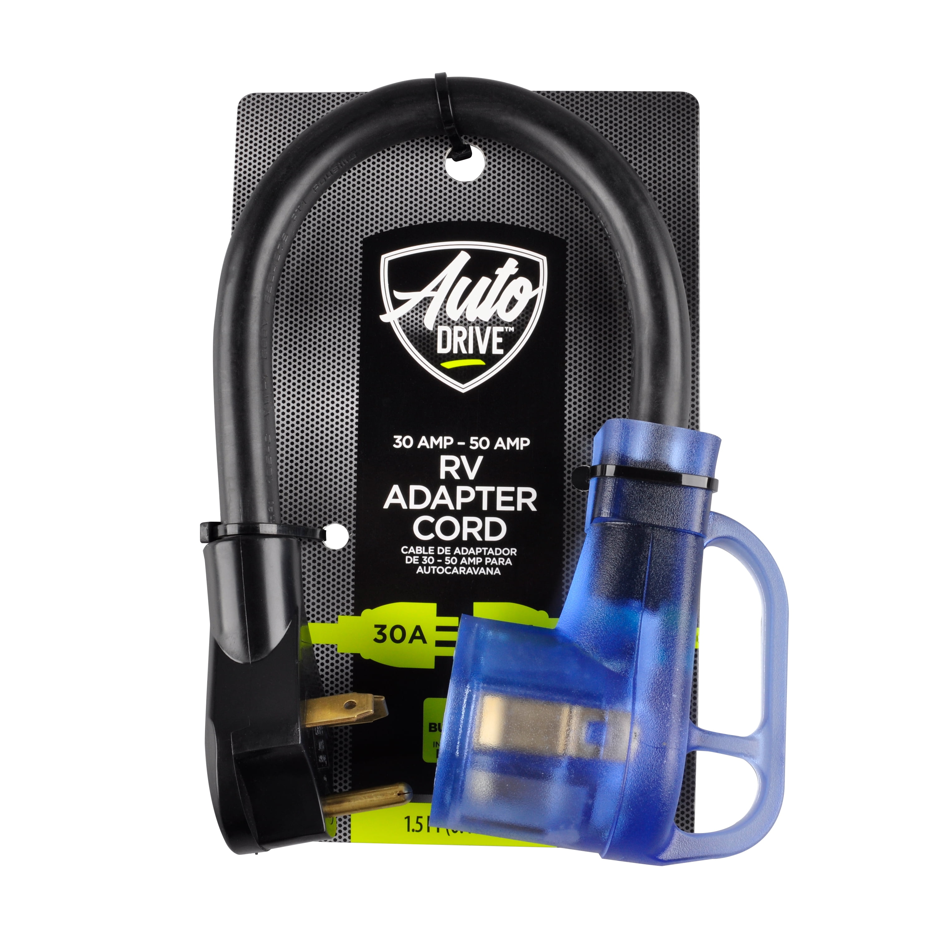 AutoDrive 10/3 STW 30 to 50-Amp Universal RV Adapter Extension Cord with Lighted End, 1.5ft, Black