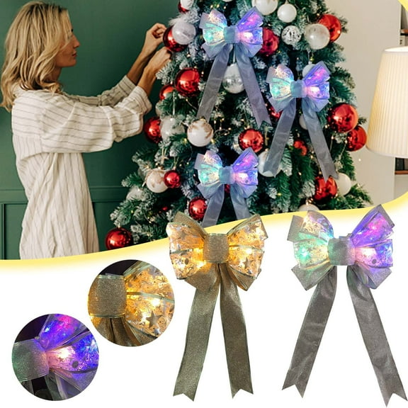 Christmas Bows, Christmas Tree Topper Bow, 1 Pack 15.35*8.66*1.18 Inch Large Xmas Wreath Bows with LED Lights Lighted for Indoor