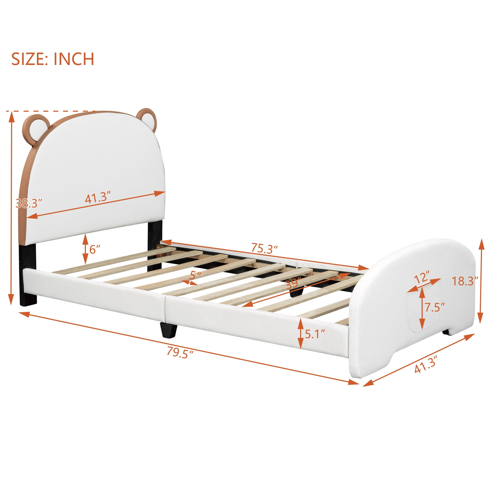 Aukfa Upholstered Platform Bed with Bear-shaped Headboard and Footboard, Twin Bed for Kids - White