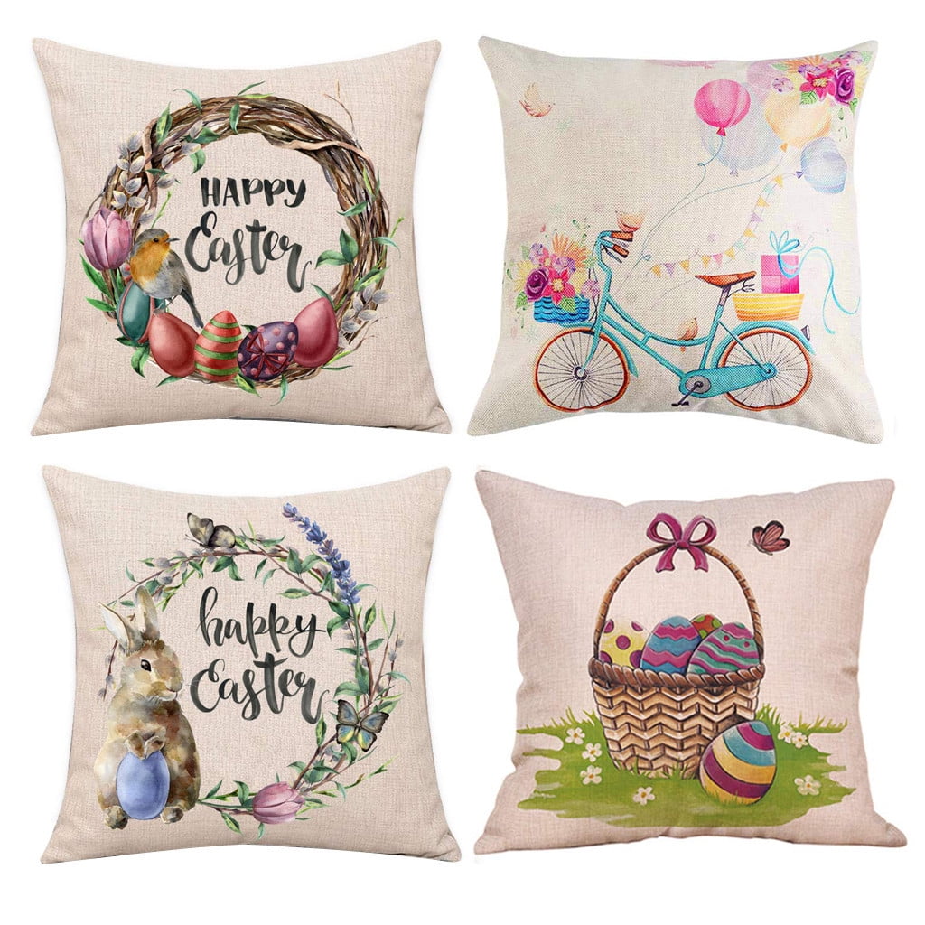 4pcs Easter Rabbit Eggs Throw Pillow Covers New Spring Flowers Tree