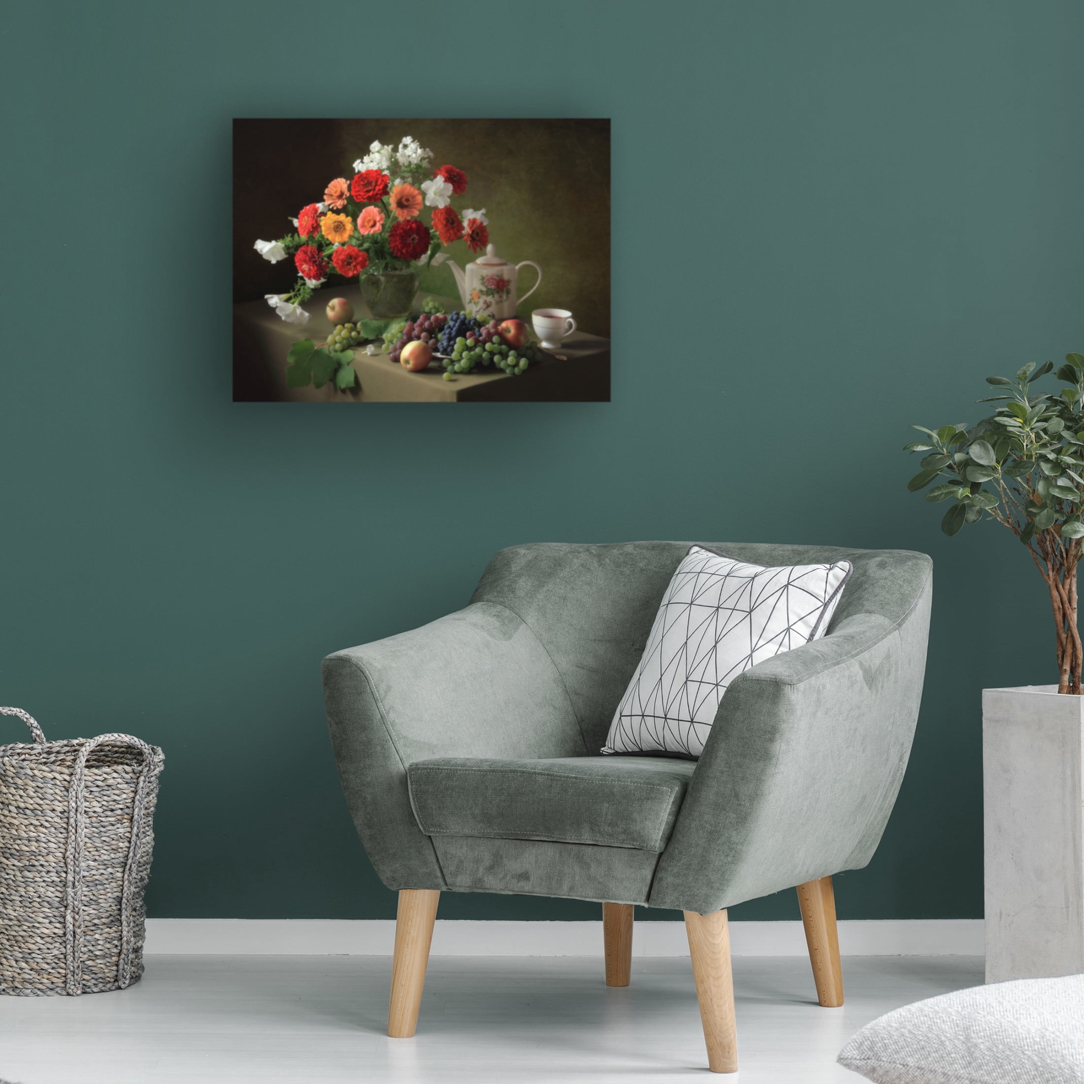 Canvas Wall Art - Tatyana Skorokhod 'Still Life With A Bouquet Of Zinnias And Fruit' Wall Art for Living Room, Bedroom, or Office Décor by Trademark Fine Art - 47 x 35 Inches