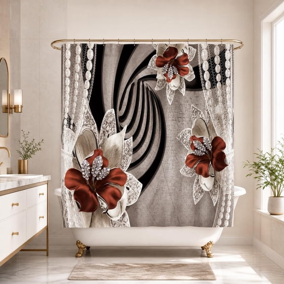 Luxury Burgundy Floral Shower Curtain Abstract Black and White Swirl Fabric Bathroom Decor with 12 Hooks 71x71 inches