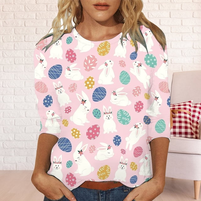 YLHFASHION T-shirt à Manches Longues pour Femmes, Printemps, Lapin de Pâques, Oeuf de Pâques, Col Rond, Coupe Ample, Décontracté, Manches Sept-Huitièmes, Soldes Aujourd'hui, Liquidation