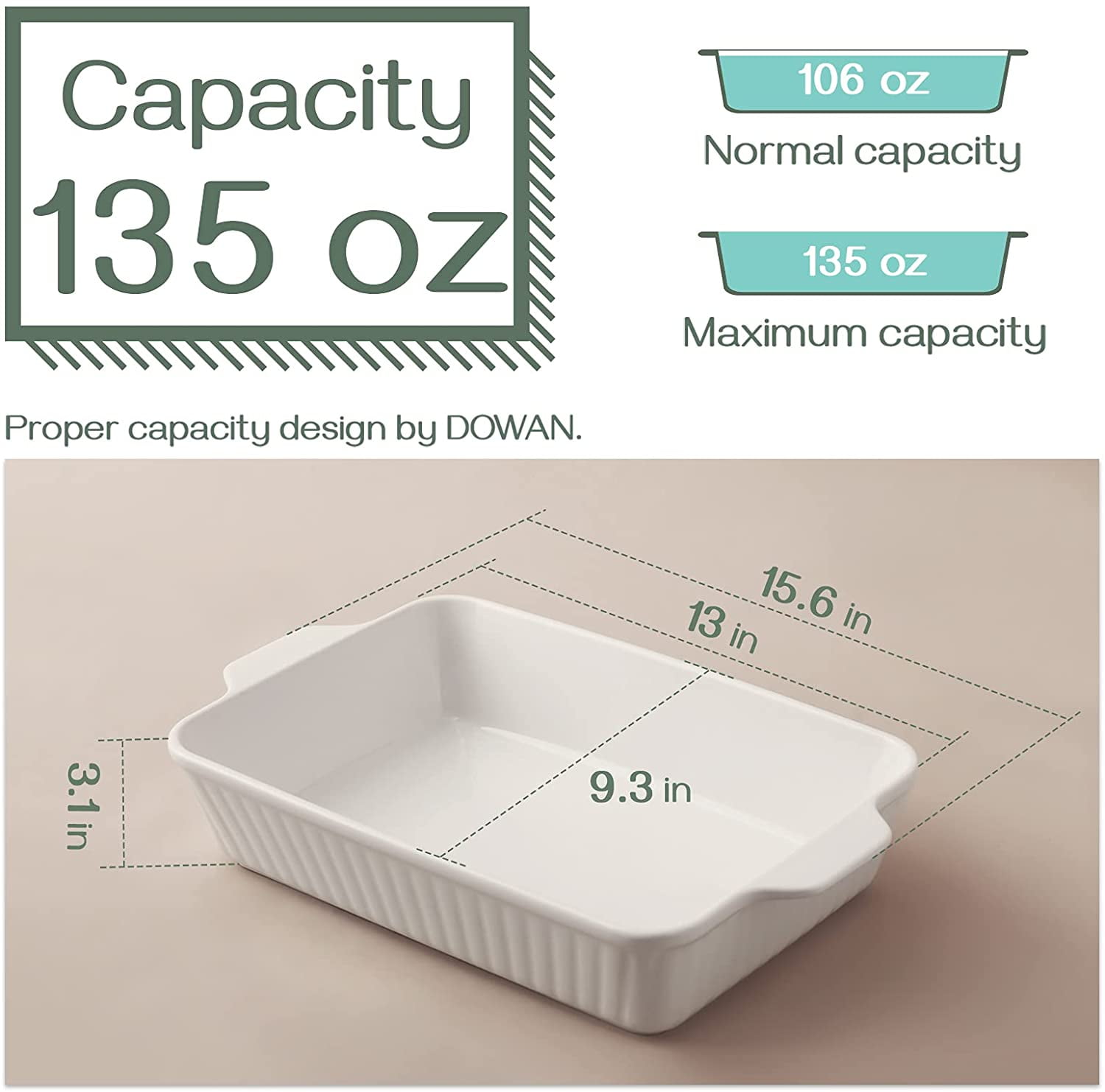 Haifle Solid Color Rectangular Baking Pans for Oven Ceramic, Shallow Lasagna Pan with Handles, Porcelain Baking Pan-White
