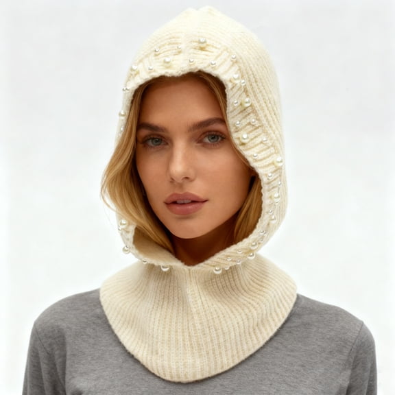 Winter Warm Crochet Balaclava for Women Knitted One Piece Beanie Hat Neck Warmer Head Wrap Pearl Skull Cap