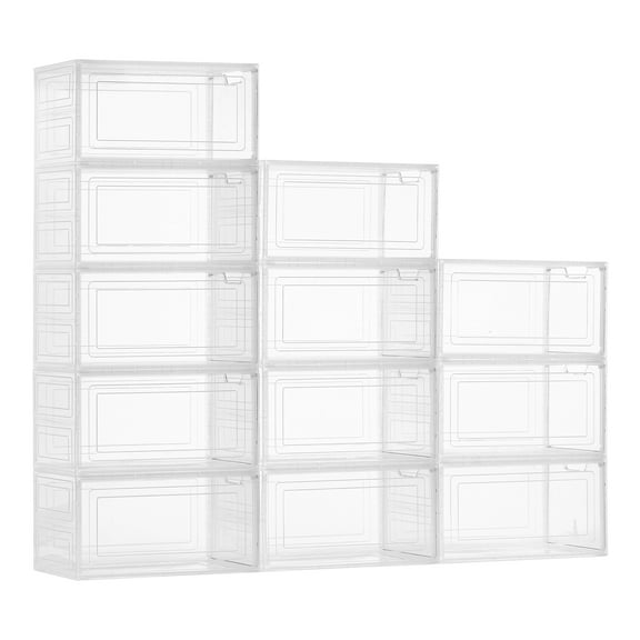 VEVOR Shoe Storage Boxes,12 Pack Clear Stackable Shoe Boxes Storage Organizers with Magnetic Door, Fit up to US Size 13, Plastic Sneaker Containers for High Heels, Boots, and Hats, Transparent White