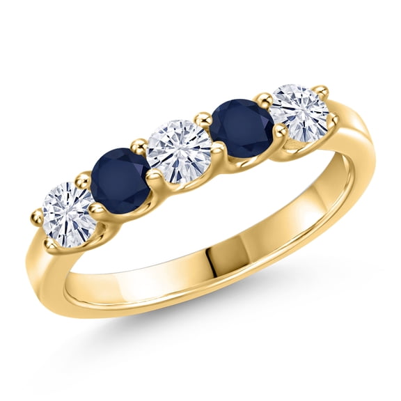 Gem Stone King 10K Yellow Gold White Moissanite and Blue Sapphire Wedding-Bands Ring for Women | 0.92 Cttw | Round 3.5MM | Gemstone Birthstone | Size 5
