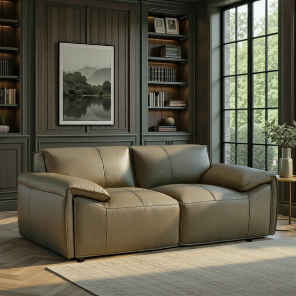Tanner Modern 74 in. Top Grain Genuine Leather Loveseat with Padded Arms in Khaki