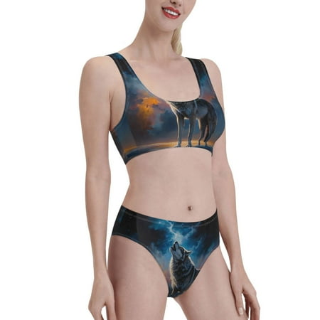 Uemuo Lonely Night Sky Wolf Printed Women s High Waisted Bikini Sets Sporty Two Piece Swimsuits Color Block Cheeky High Cut Bathing Suits-Small