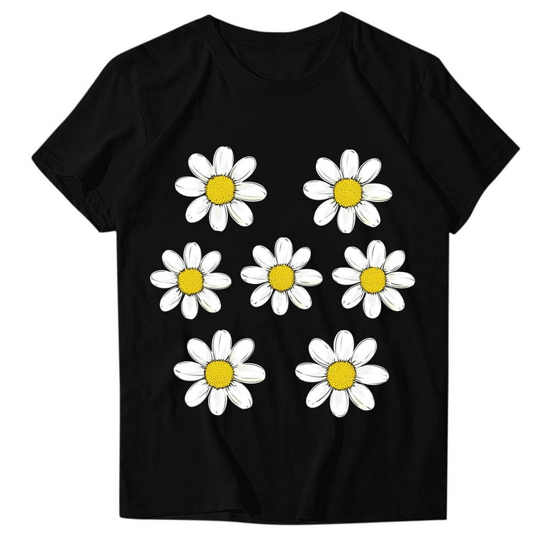 Women's Daisy Floral Tops Crewneck Short Sleeve Casual Summer