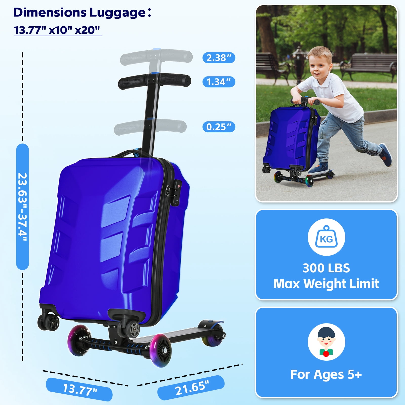 Advwin Scooter Suitcase for Kids & Adults, 3-D Hardshell Ride On Scooter Luggage with LED Light Up Wheels, TSA Lock, Lightweight Foldable Carry On Rideable Suitcase for Children Teenagers, Blue