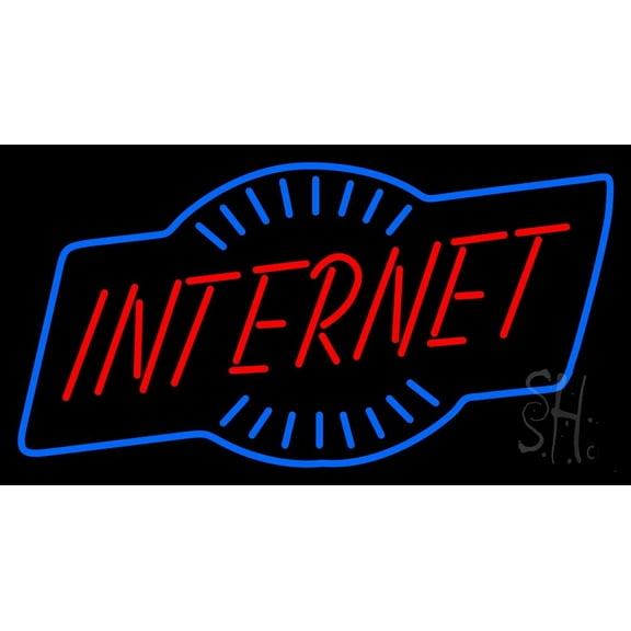 Red Internet With Blue Lines LED Neon Sign 20 x 37 - inches, Clear Edge Cut Acrylic Backing, with Dimmer - Bright and Premium built indoor LED Neon Sign for Computer & Electronics store decor.