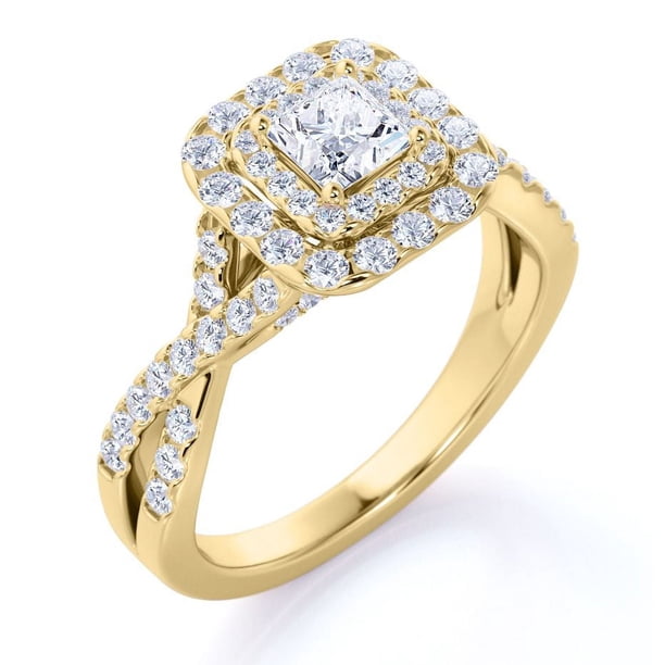 JeenMata Anillo de Compromiso Elegante de Oro Amarillo de 10 K con Banda Retorcida, Diamante de Talla Cuadrada de 1 Quilate y Doble Halo Pavé