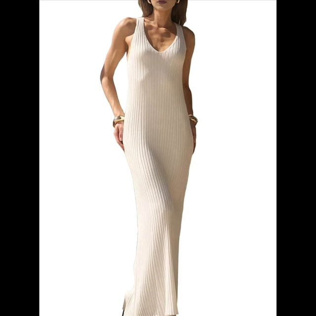 Vestido Midi de Punto con Cuello en V para Mujer, Informal, Sin Mangas, Ajustado, de Canalé, para Verano y 2025. Beige L