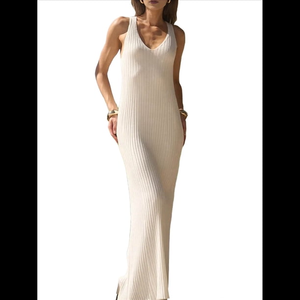 Vestido Midi de Punto con Cuello en V para Mujer, Informal, Sin Mangas, Ajustado, de Canalé, para Verano y 2025. Beige M