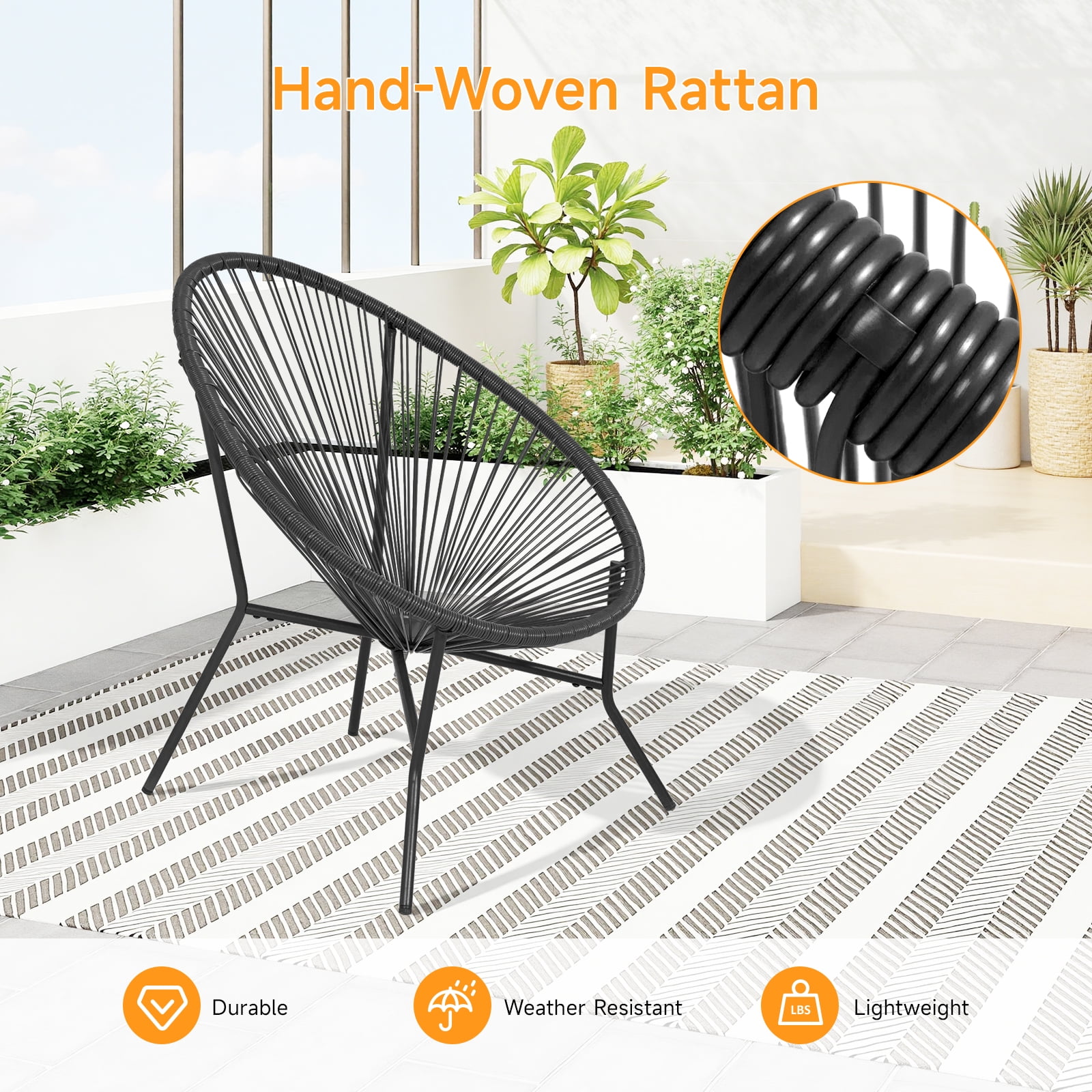 Dovov Acapulco Chair Set of 2, Outdoor Seating Patio Chairs Modern Wicker Bistro Chairs All-Weather Papasan Chair for Balcony Garden Backyard Porch Deck, Black