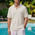 thumbnail image 5 of Ceisia Men's Short Sleeve Solid Color Casual Relaxed Fit V-Neck Polo Shirt Fashion Collared Top Gifts for Father Beige L, 5 of 8