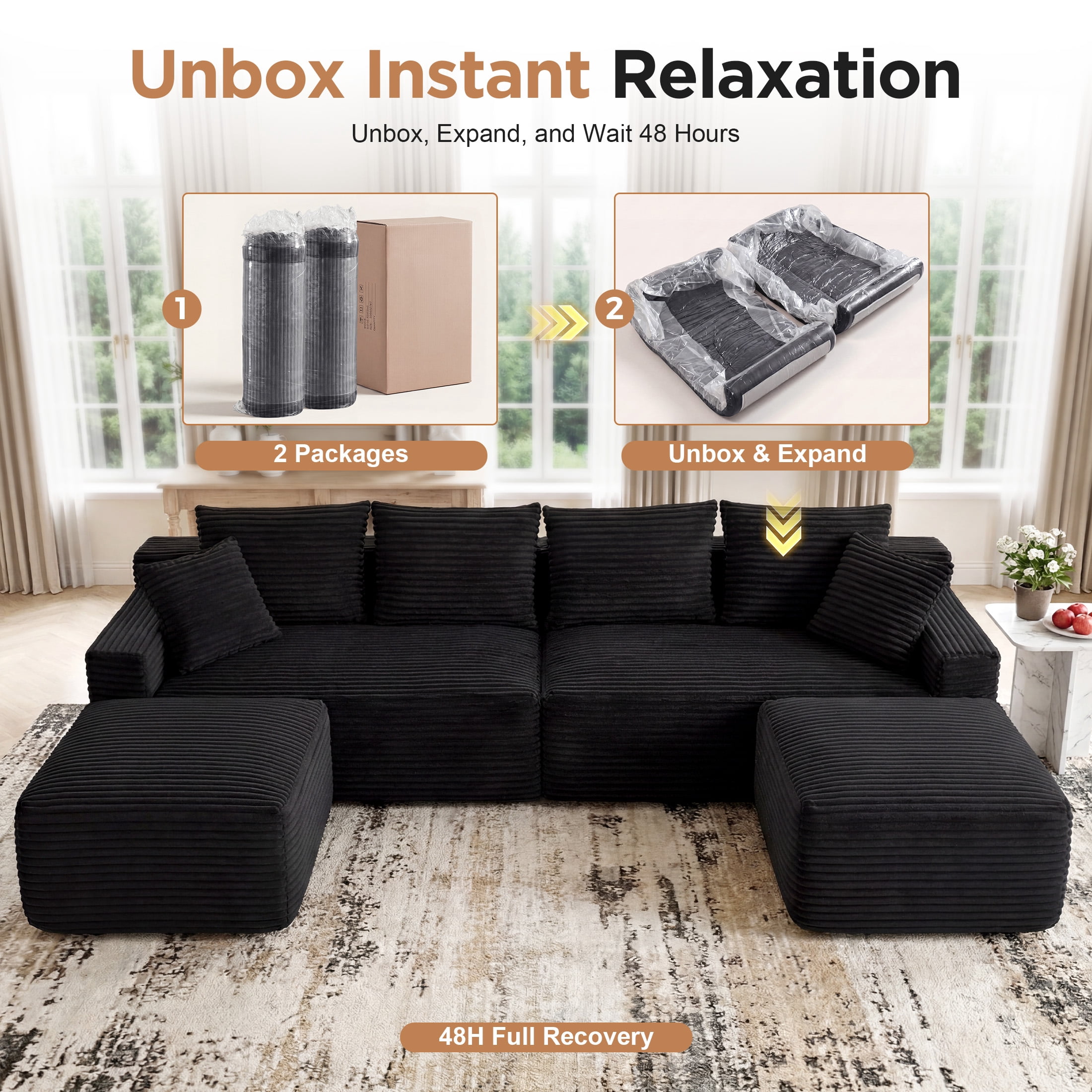 Aenkyo 115" Corduroy U-Shaped Modular Sectional Sofa with 2 Ottomans, 4-Seater, Black