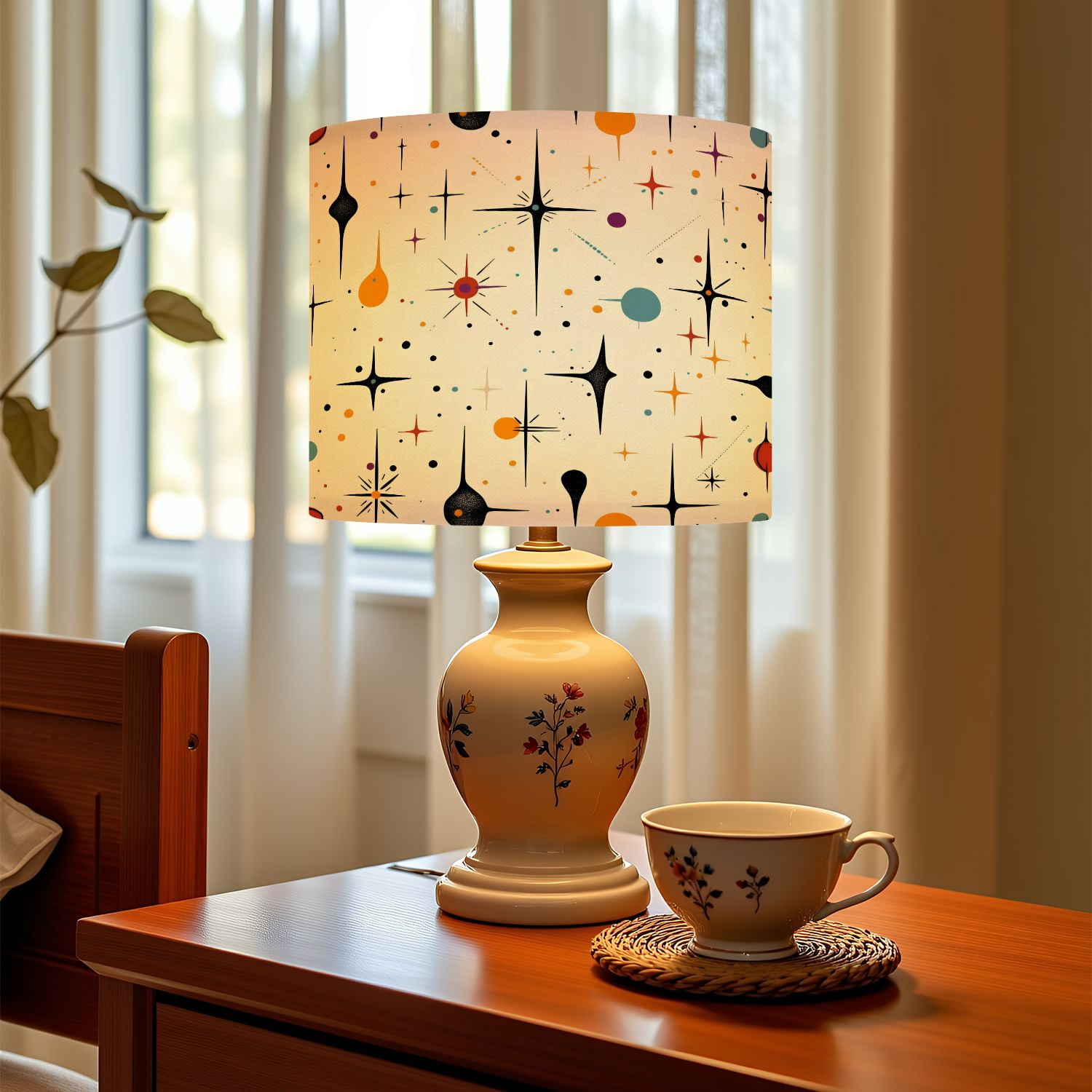 Linen Drum Lampshades Mid Century Fifties Modern Atomic Retro Luxurious Graphic Print Colors 13"x13"x10" Light Shade for Table Lamps Drum Lamp Shades Lampshade Replacement Assembly Required
