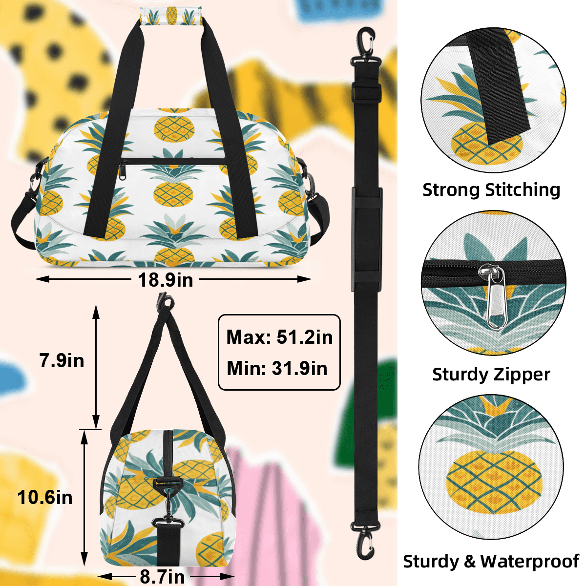 Herdesigns Tropical Pineapple Sports Duffle Bag for Women & Men, Hawaiian Pineapple Gym Bag Dance Bag Overnight Bag Carry On Weekender Travel Bag