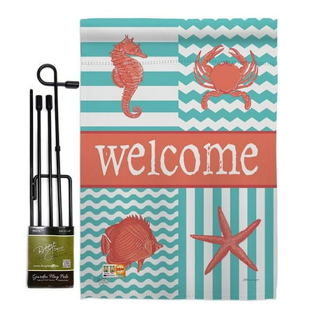 UPC: 0797277258585 | Breeze Decor BD-NA-GS-107004-IP-BO-D-US15-SB 13 x 18.5 in. Coastal Collage Nautical Impressions Decorative Vertical Double Sided Garden Flag Set with Banner Pole