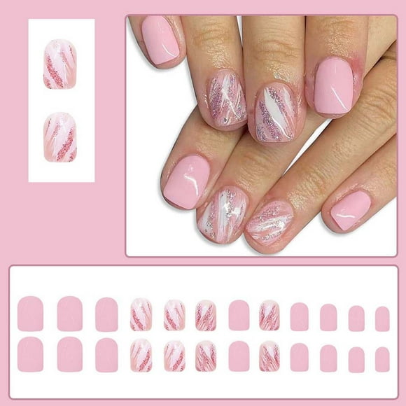 Prime Deals! Gspmoly False Nails, Short Glossy Spring and Summer New Light Irregular Lines Glitter 24Psc Press On Nails
