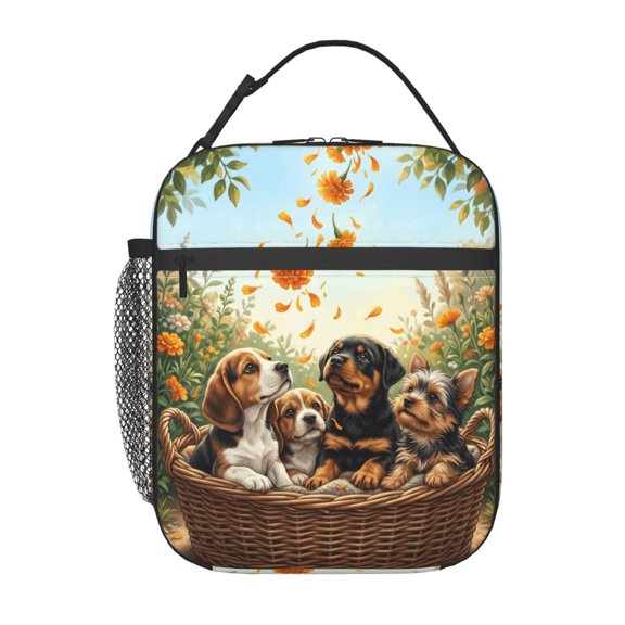 Dog Lunch Box For Women Men, Insulated Reusable Lunch Bag, Thermal Lunch Tote For Office Work Travel, Puppies In Basket Floral Pattern Cooler Bag, Food Carrier