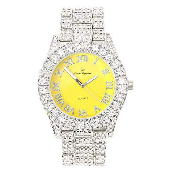 Women's Big Rocks Bezel Colored Dial with Roman Numerals Fully Iced Out Watch - ST10327LA (Silver - Yellow)