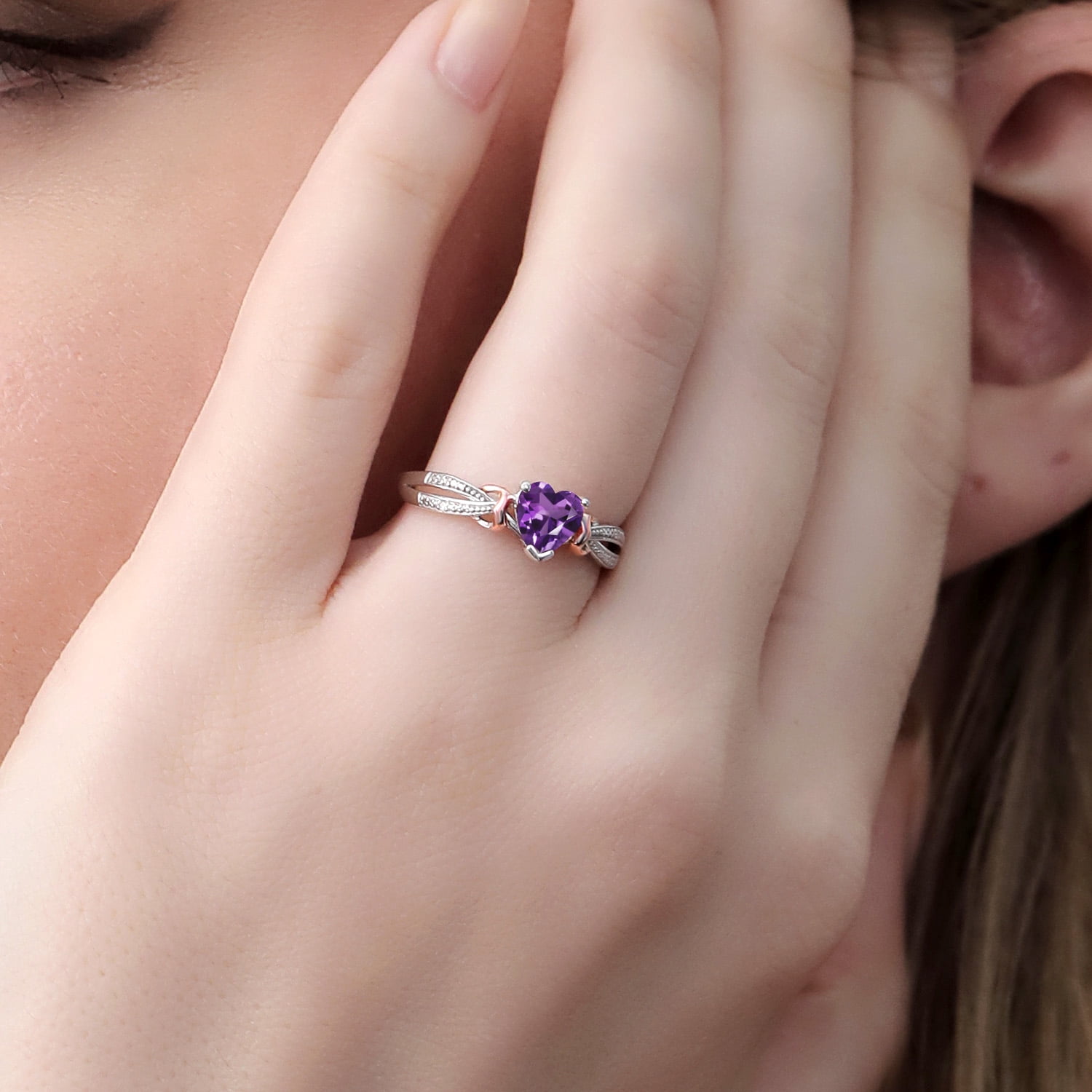 Gem Stone King 925 Sterling Silver and 10K Rose Gold Purple Amethyst and Diamond Heart Shape Ring for Women (0.66 Cttw, Gemstone Birthstone, Available in Size 5, 6, 7, 8, 9)