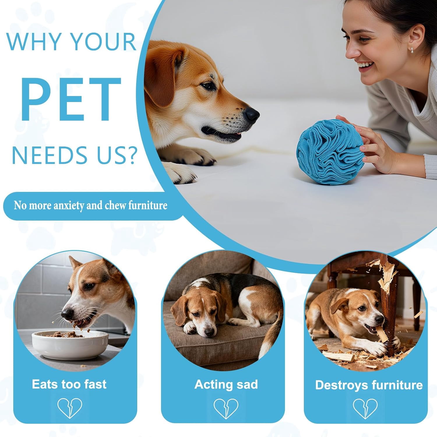 Blue Snuffle Ball for Dogs, Bright Color Slow Feeder Interactive Toy, Mental Enrichment Puzzle Game for Anxiety Relief & Indoor Fun, Machine Washable for Small Medium Large Dogs Blue,Small