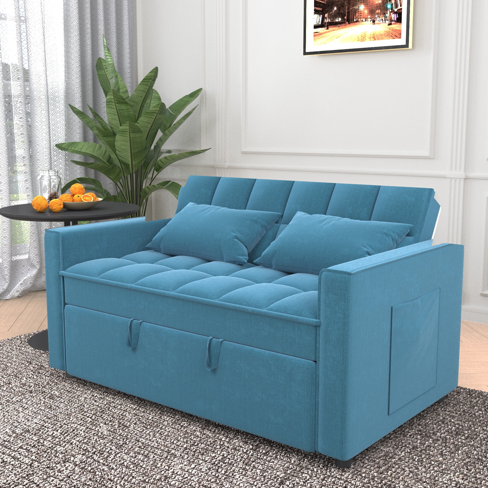 3 in 1 Convertible Sofa Bed,Modern Linen Fabric Sleeper Sofa with Pull Out Bed,Loveseat Couch with Adjustable Backrest for Living Room,Light Blue
