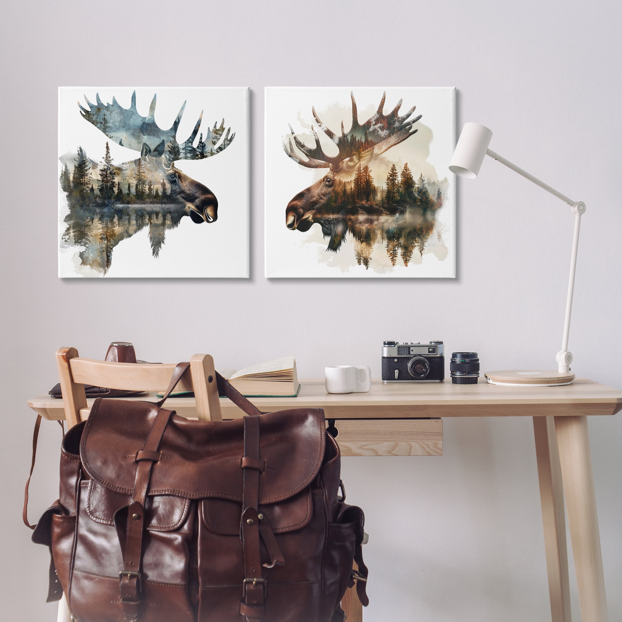 Stupell Industries Woodland Moose Forest Silhouettes Animals Painting Wrapped Canvas Art Print Wall Art, 24 x 24, Set of 2