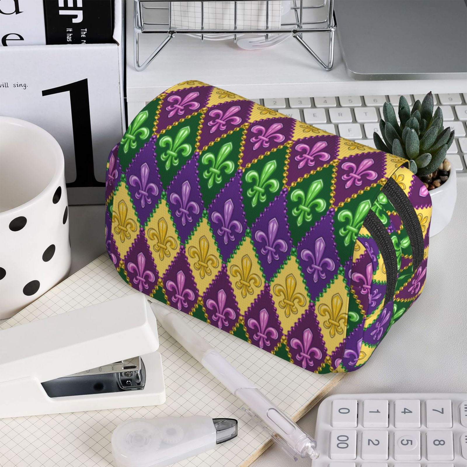 Rateoe Mardi Gras4 Pattern Double Clamshell Pen Case, Storage Organizer with Two Zipper Compartments– Holds Up to 50 Pencils & Pens