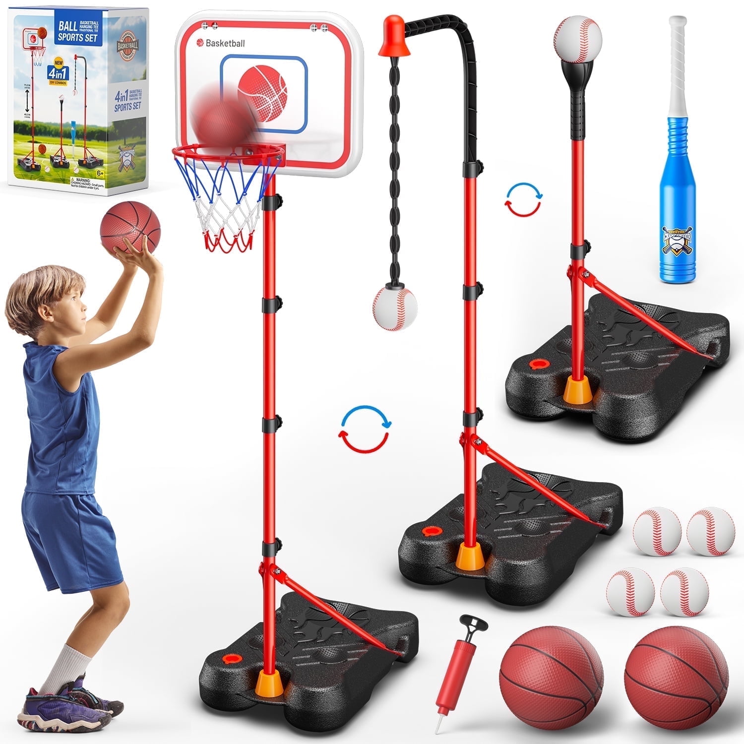 Freecat 3-in-1 Toddler Basketball Hoop& Baseball& T-Ball Set for Toddlers 3 4 5 6 7 8+ Years Old, Toddler Outdoor& Indoor Toys, Kids Sports Set Gift for 3-12 Years Old Boys, Birthday Christmas.