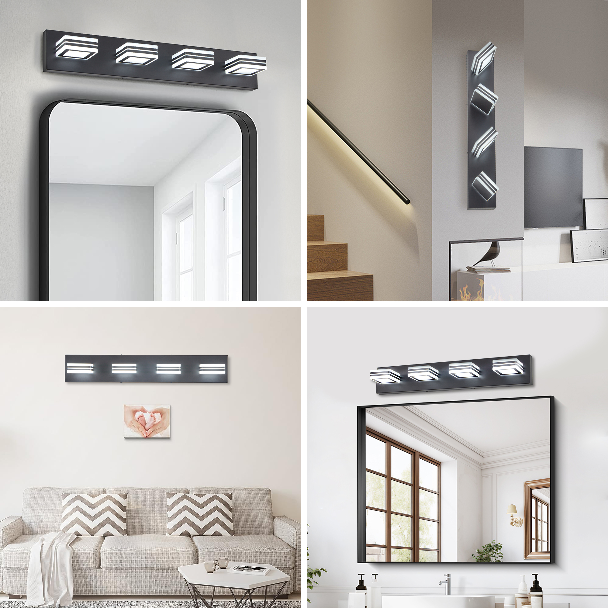 Leumius Modern 4-Light LED Vanity Light, Square Acrylic Lampshades Wall Mount Fixture for Mirror, Bathroom, Bedroom and Hallway Black